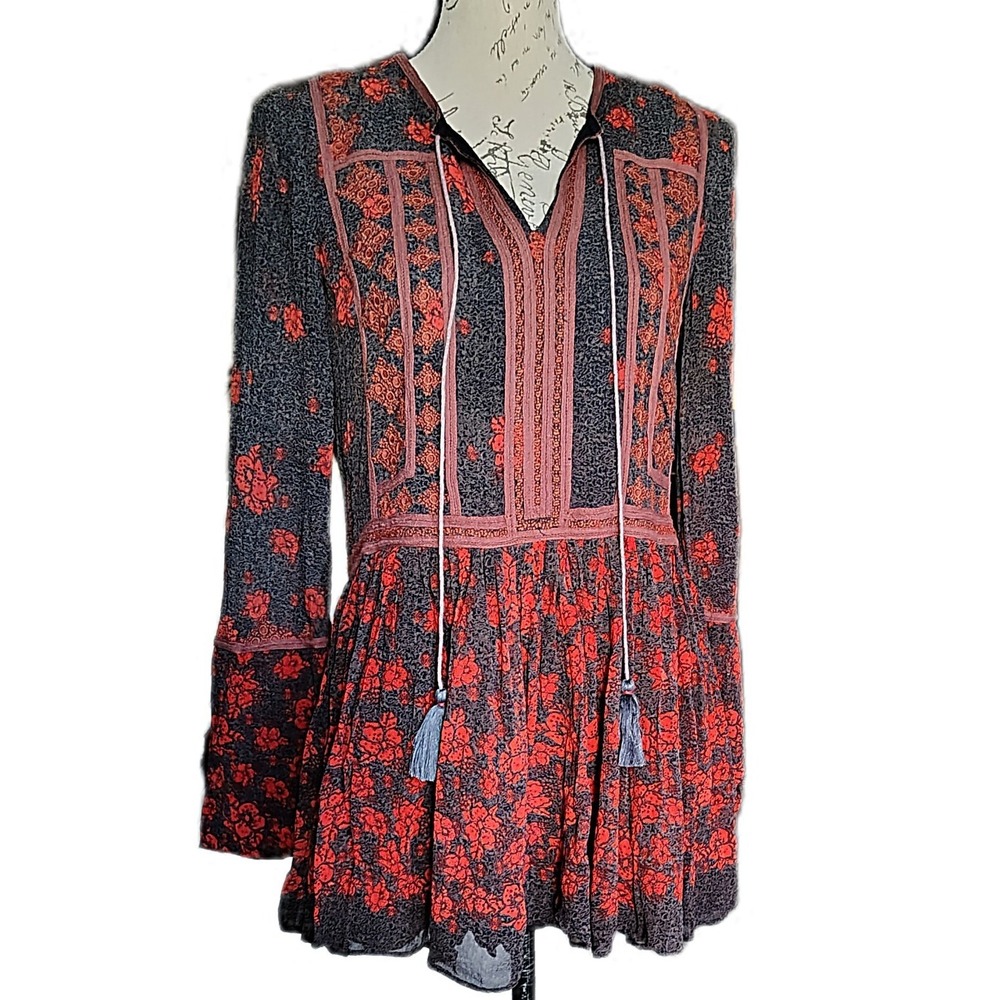 Free People Long Sleeve Drop Waist Mini Dress XS Sheer Floral‎ Tassel Whimsygoth